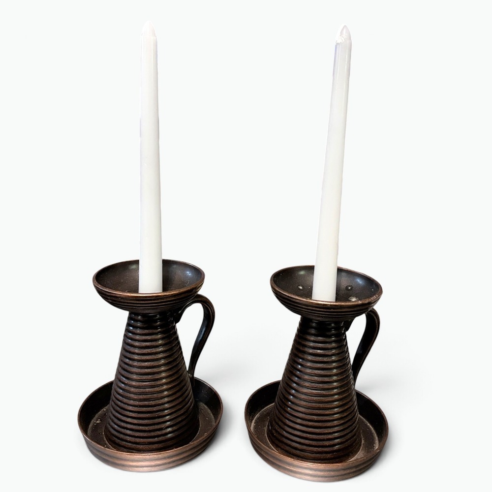 VTG Nantucket Bronze Ribbed Chamber-stick Candle Holders Dark Academia Decor